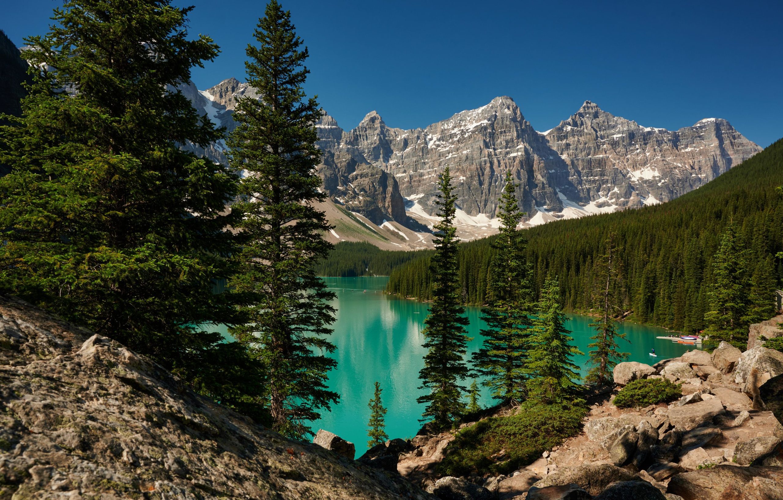 Turquoise Moraine Lake framed by evergreen trees and rugged peaks in Banff, Canada